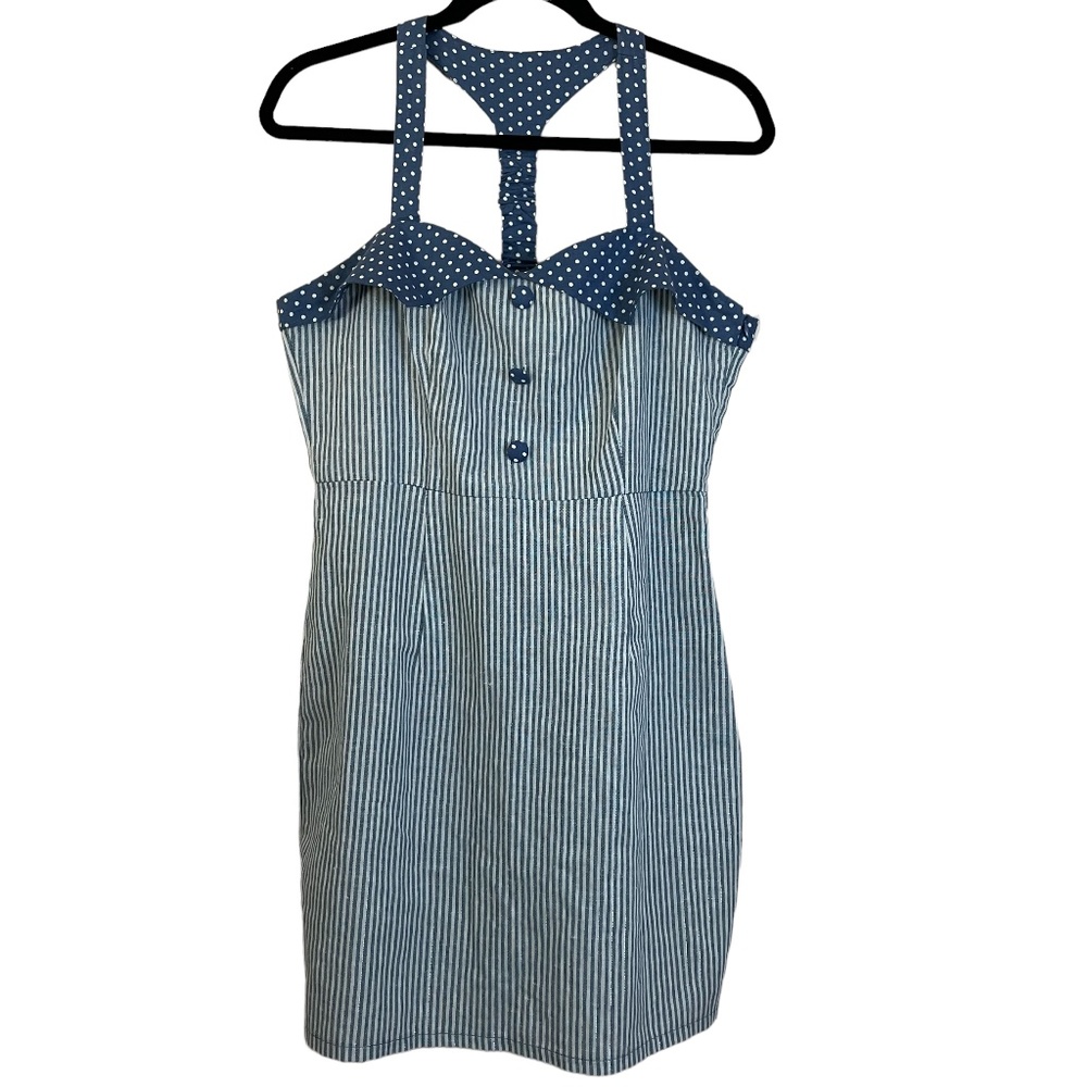 Anthropologie Doe&Rae Sz. L Halter Mini Dress Stripes side Zipper Linen/Cotton